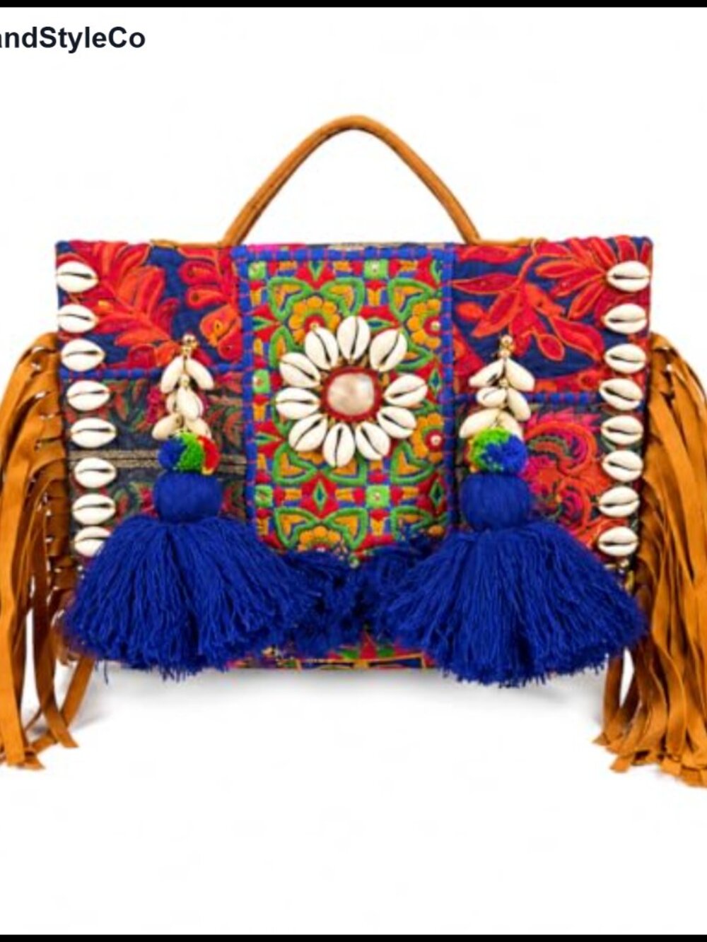 Handmade Embroidered Boho Patchwork Shoulder Bag Cowrie Shells Fringe Tassels